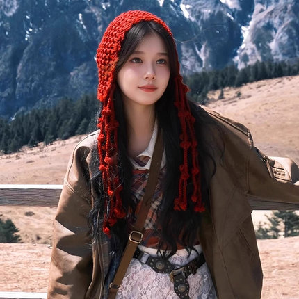 帽子女款旅游红色流苏针织帽包头帽出游百搭新疆318川藏线毛线帽