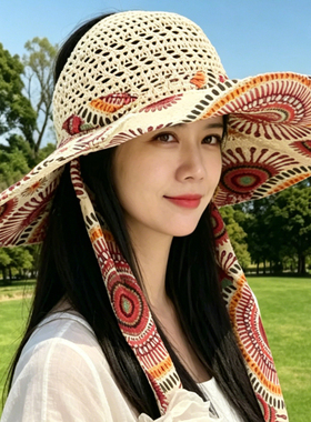 波西米亚草编空顶大檐防晒帽女