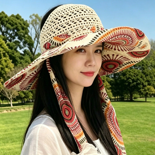 波西米亚草编空顶大檐防晒帽女