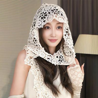 镂空钩花蕾丝包头帽多用披肩帽女