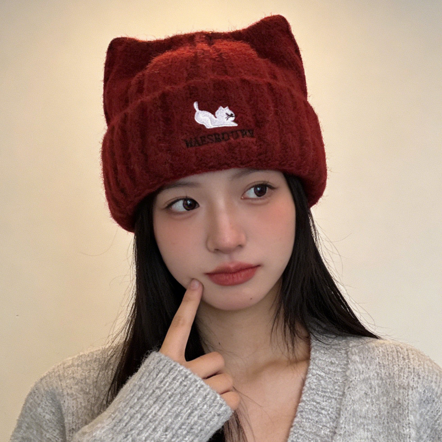 新年红可爱猫耳朵针织帽子女秋冬季加厚保暖护耳毛线帽显脸小冷帽