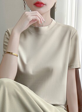 新疆棉半高领短袖T恤女