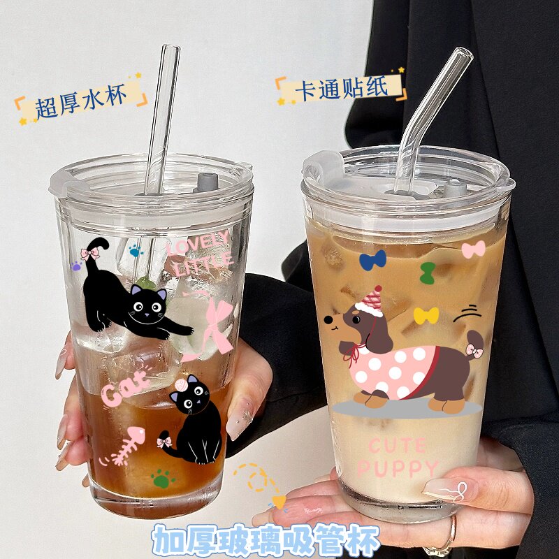 少女ins风玻璃杯夏季水杯牛奶杯子家用带盖吸管杯咖啡奶茶冷饮杯