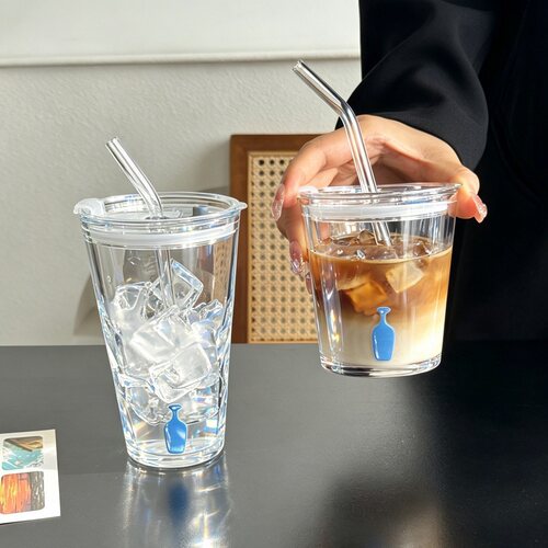 小蓝瓶玻璃带盖便携吸管杯