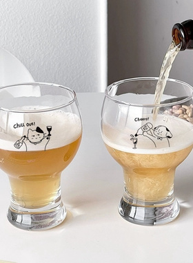 卡通玻璃杯ins猫猫啤酒杯家用高颜值果汁饮料杯喝水杯牛奶咖啡杯