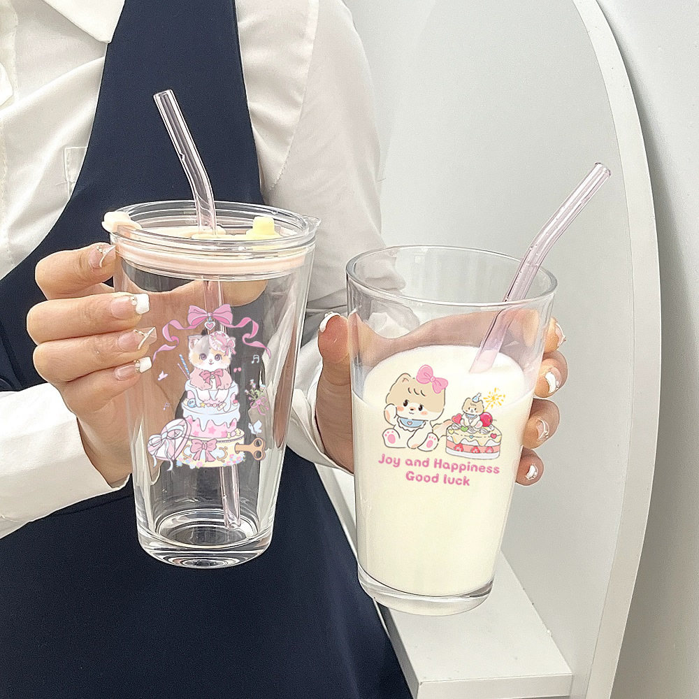 夏季水杯吸管式杯子夏天玻璃杯吸管杯咖啡牛奶杯冷饮杯女带盖水杯