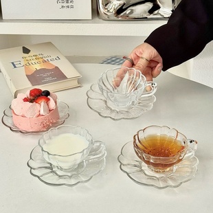 宫廷风碎花咖啡杯玻璃杯碟套装 小茶杯甜品杯ins风高颜值点心盘