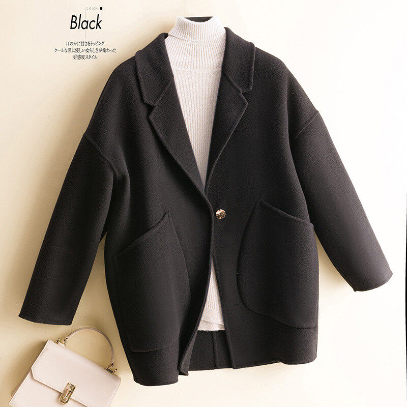 黑色无腰带韩版纯色羊毛西装领宽松型气质通勤女式毛呢外套大衣女