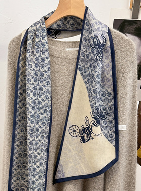 潮流马车蓝色图腾时尚人字纹尖角巾韩版INS风女士高级感气质飘带