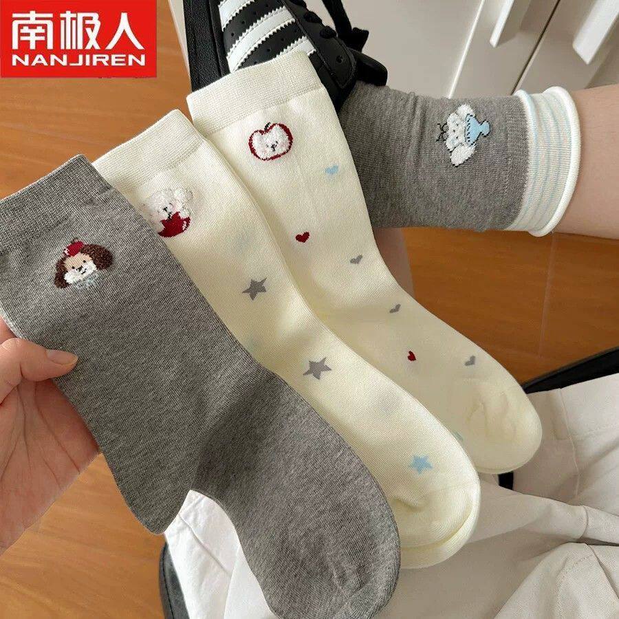 南极人可爱袜子女款白色中筒棉袜夏季薄款防臭ins潮卡通学院风袜