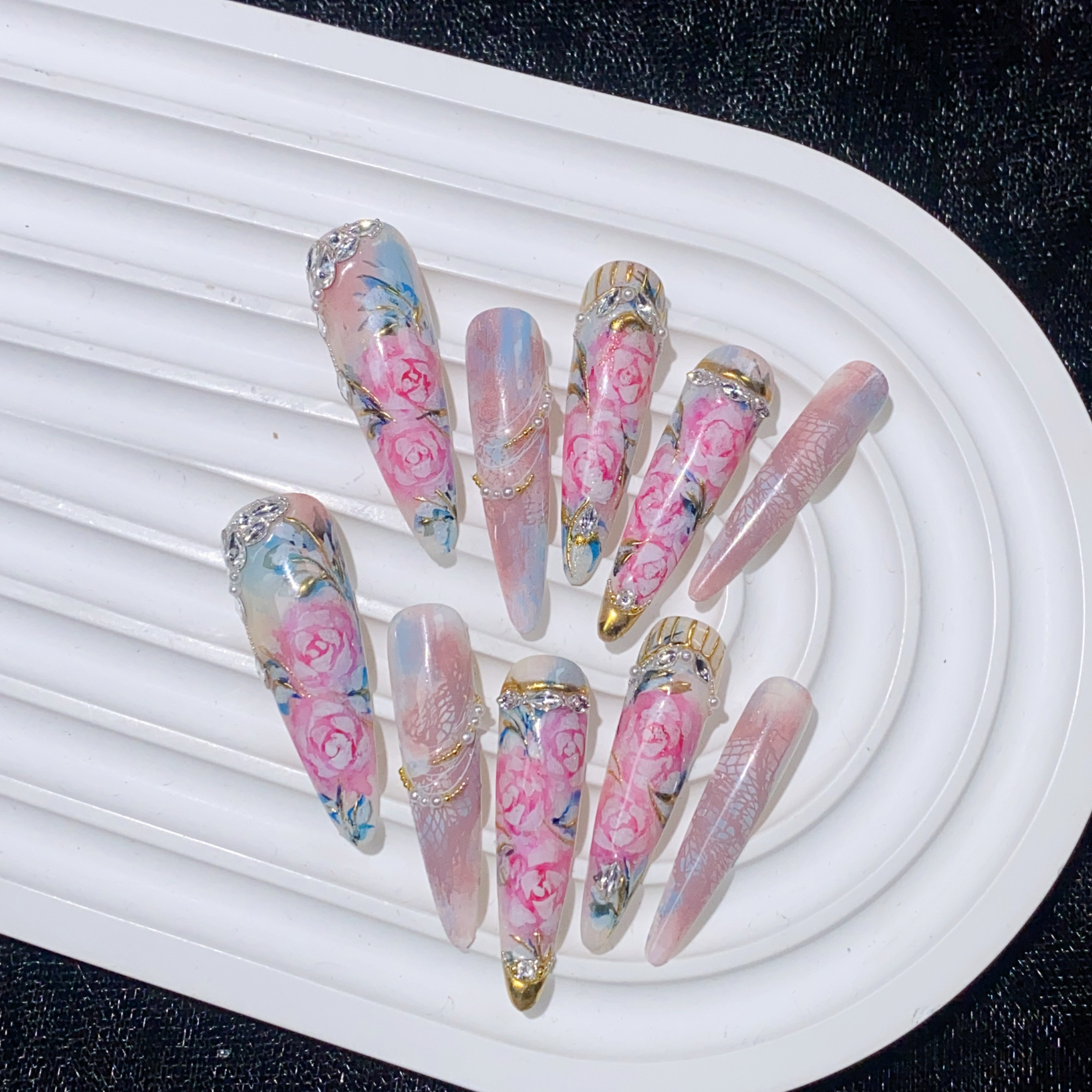 【玉露蔷薇】纯手工彩绘穿戴甲仙气个性奢华国风高级感