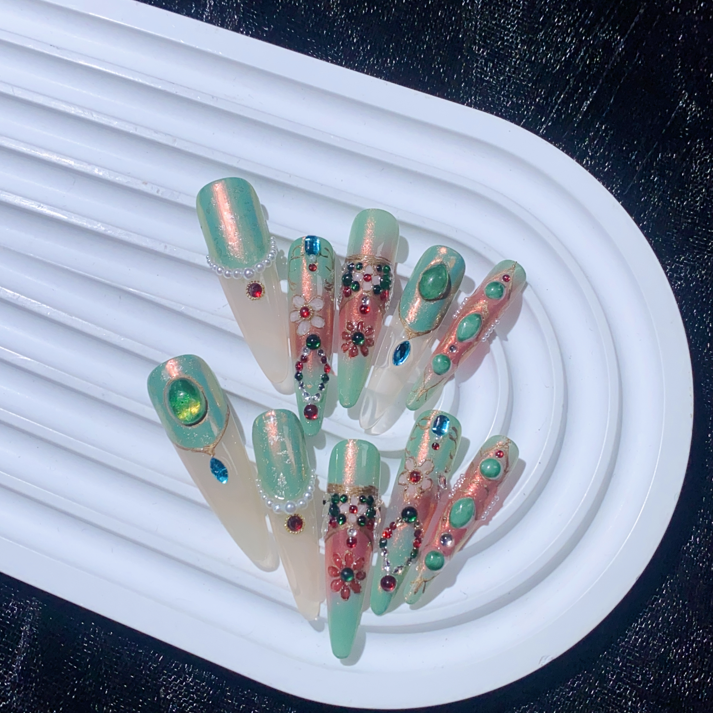 桃红柳绿纯手工手绘冰透法式穿戴