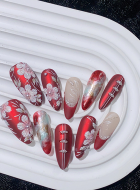 【红樱辞岁】手绘晕染高级感刺绣魔镜粉穿戴甲复古风新中式