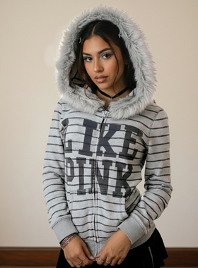 HEYOUNGIRL美式字母印花毛毛连帽外套百搭修身显瘦灰色拉链开衫女