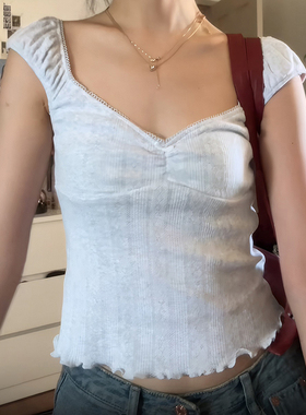 HEYOUNGIRL法式复古少女提花设计低领短袖T恤百搭BM风灰色小上衣