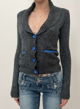 HEYOUNGIRL古早辣妹排扣设计翻领毛衣百搭修身显瘦灰色毛织上衣女