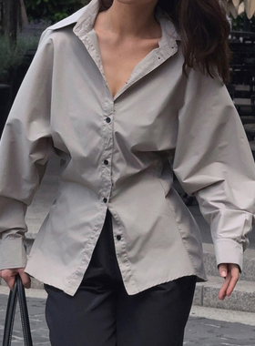 HEYOUNGIRL知性简约褶皱收腰灰色长袖衬衫通勤气质百搭显瘦上衣女