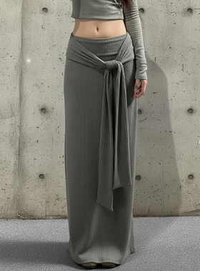 HEYOUNGIRL复古辣妹绑带设计针织半身裙气质百搭直筒显瘦灰色长裙