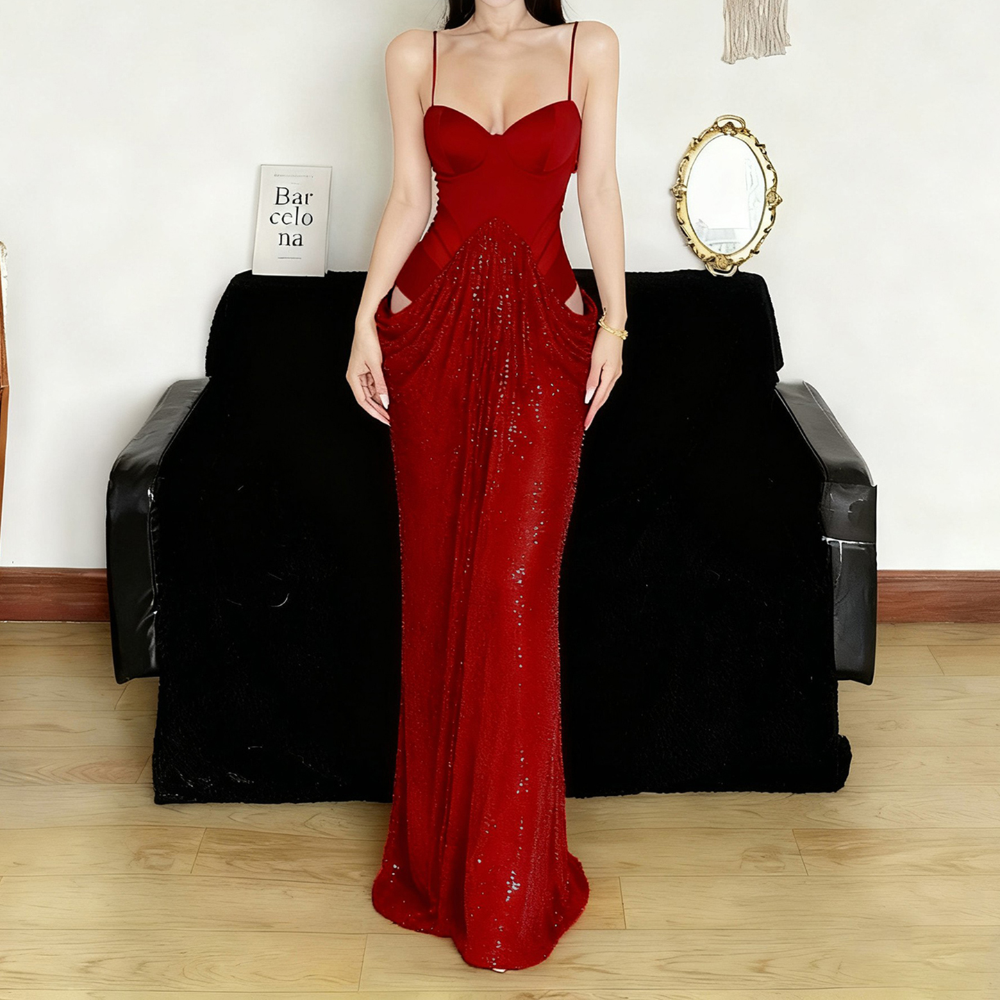 HEYOUNGIRL高贵宴会束胸设计亮片拼接露腰连衣裙性感修身包臀长裙