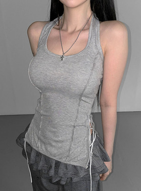 HEYOUNGIRL美式街头辣妹侧边绑带挂脖背心性感修身灰色无袖上衣女