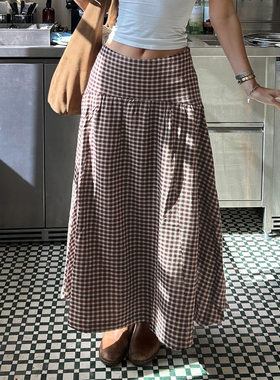 HEYOUNGIRL韩系chill复古田园棕收腰格子半身裙小众百搭低腰A字裙