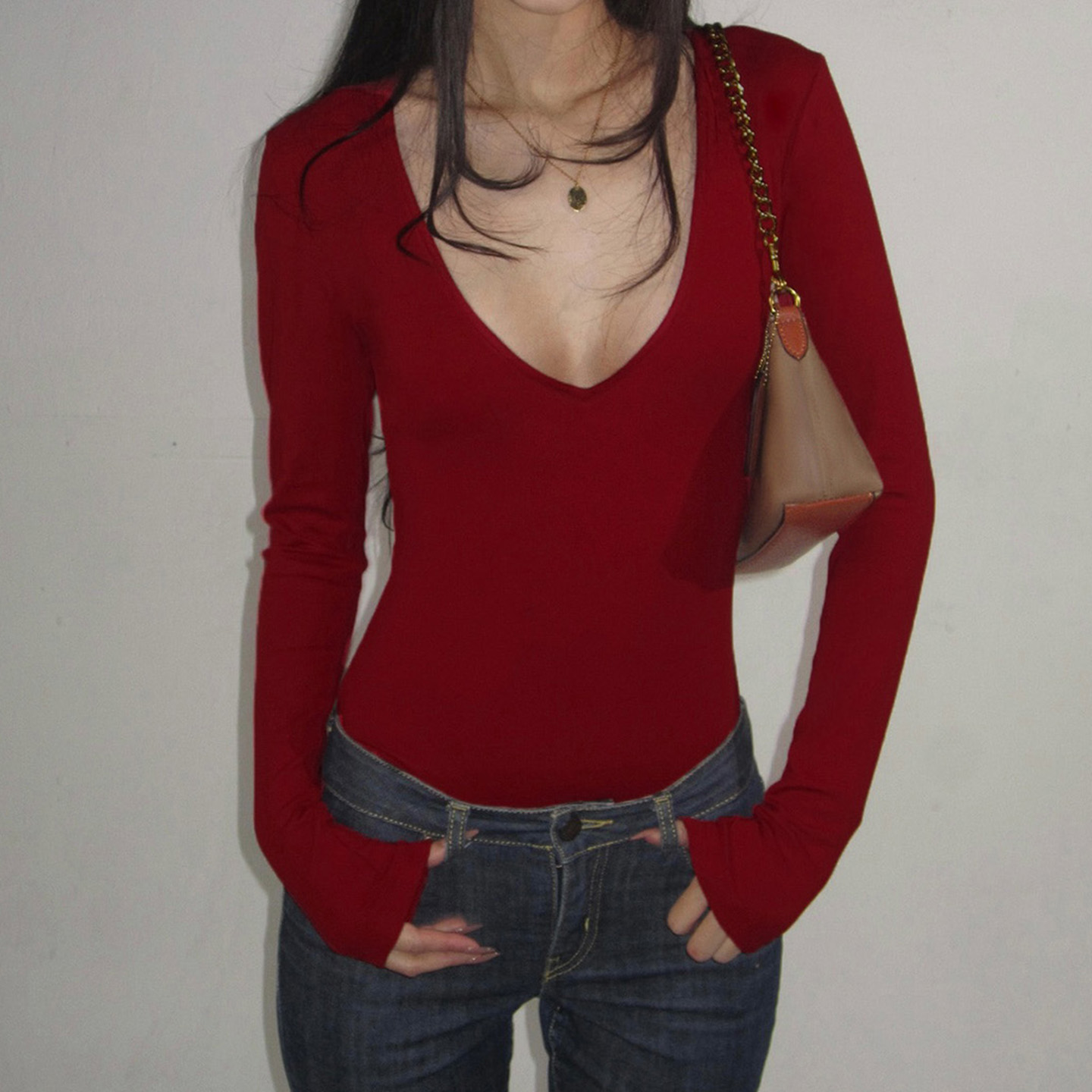 街头辣妹深V领长袖连体衣性感