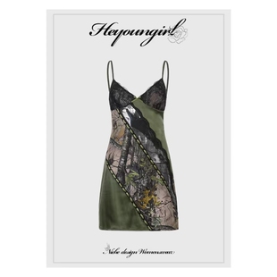 HEYOUNGIRL波西米亚风绿植印花蕾丝拼接吊带裙复古小众收腰连衣裙