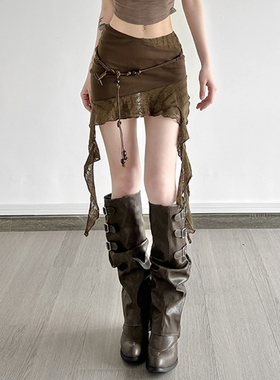 HEYOUNGIRL沙丘废土风荷叶边不规则棕色半裙复古百搭显瘦A字短裙