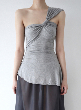 HEYOUNGIRL小众设计感不对称褶皱吊带背心百搭修身灰色无袖上衣女