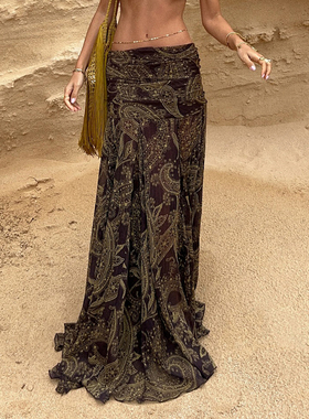 HEYOUNGIRL沙漠女神复古腰果图腾印花半身裙百搭宽松显瘦棕色长裙