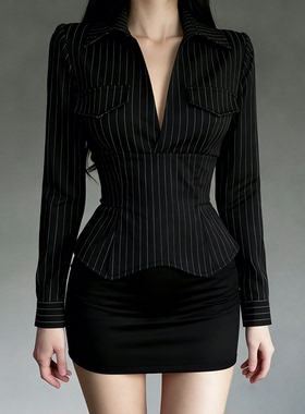 HEYOUNGIRL都市丽人OL风黑色条纹收腰长袖衬衫通勤气质显瘦上衣女