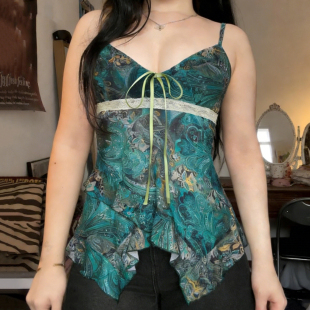 HEYOUNGIRL古着vintage腰果印花木耳边吊带背心绿色小众显瘦上衣
