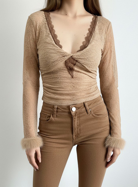 HEYOUNGIRL法式复古撞色蕾丝花边深V领上衣性感百搭扭结设计长袖