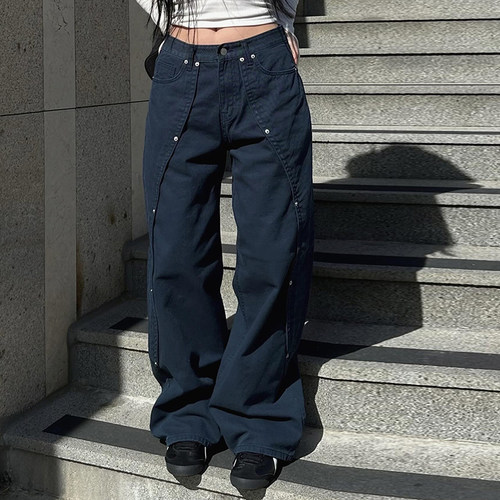 美式街头风铆钉分割设计牛仔裤女