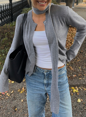 HEYOUNGIRL欧美辣妹排扣设计围脖灰色针织衫百搭宽松显瘦长袖上衣