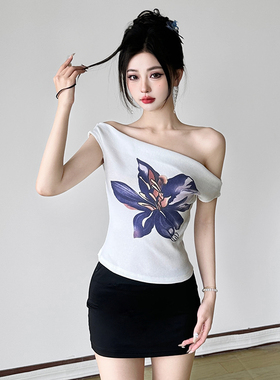 HEYOUNGIRL典雅紫罗兰印花一字肩短袖T恤复古气质修身百搭短上衣