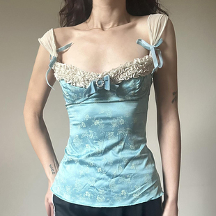宫廷风蝴蝶结花边吊带背心百搭蓝色印花露背上衣女 HEYOUNGIRL法式
