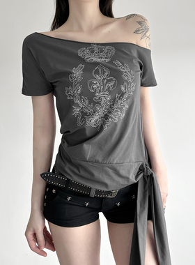 HEYOUNGIRL图腾印花斜肩绑带设计短袖T恤百搭宽松显瘦灰色上衣女