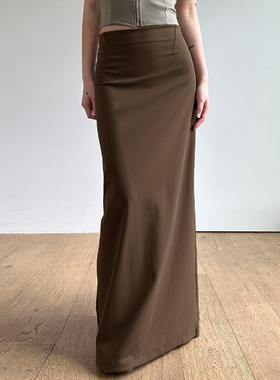 HEYOUNGIRL美拉德系复古棕色辣妹包臀长裙基础百搭开叉直筒半身裙