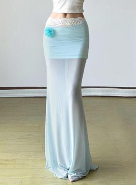 HEYOUNGIRL南法假日蕾丝拼接网纱蓝色半身裙度假百搭花朵包臀长裙