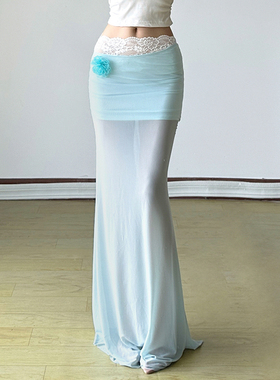 HEYOUNGIRL南法假日蕾丝拼接网纱蓝色半身裙度假百搭花朵包臀长裙