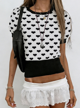 HEYOUNGIRL古早Y2K撞色爱心印花圆领短袖T恤小众百搭辣妹收腰上衣