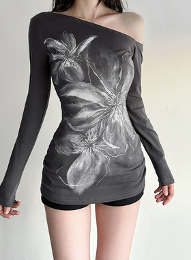 HEYOUNGIRL复古辣妹花卉印花斜肩长袖T恤百搭修身显瘦灰色上衣女