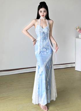 HEYOUNGIRL蓝尾美人鱼花卉印花蕾丝蓝色吊带裙性感收腰鱼尾连衣裙