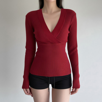 性感辣妹深V领红色毛织上衣