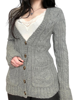 HEYOUNGIRL日系休闲麻花纹理排扣毛织开衫气质百搭修身灰色毛衣