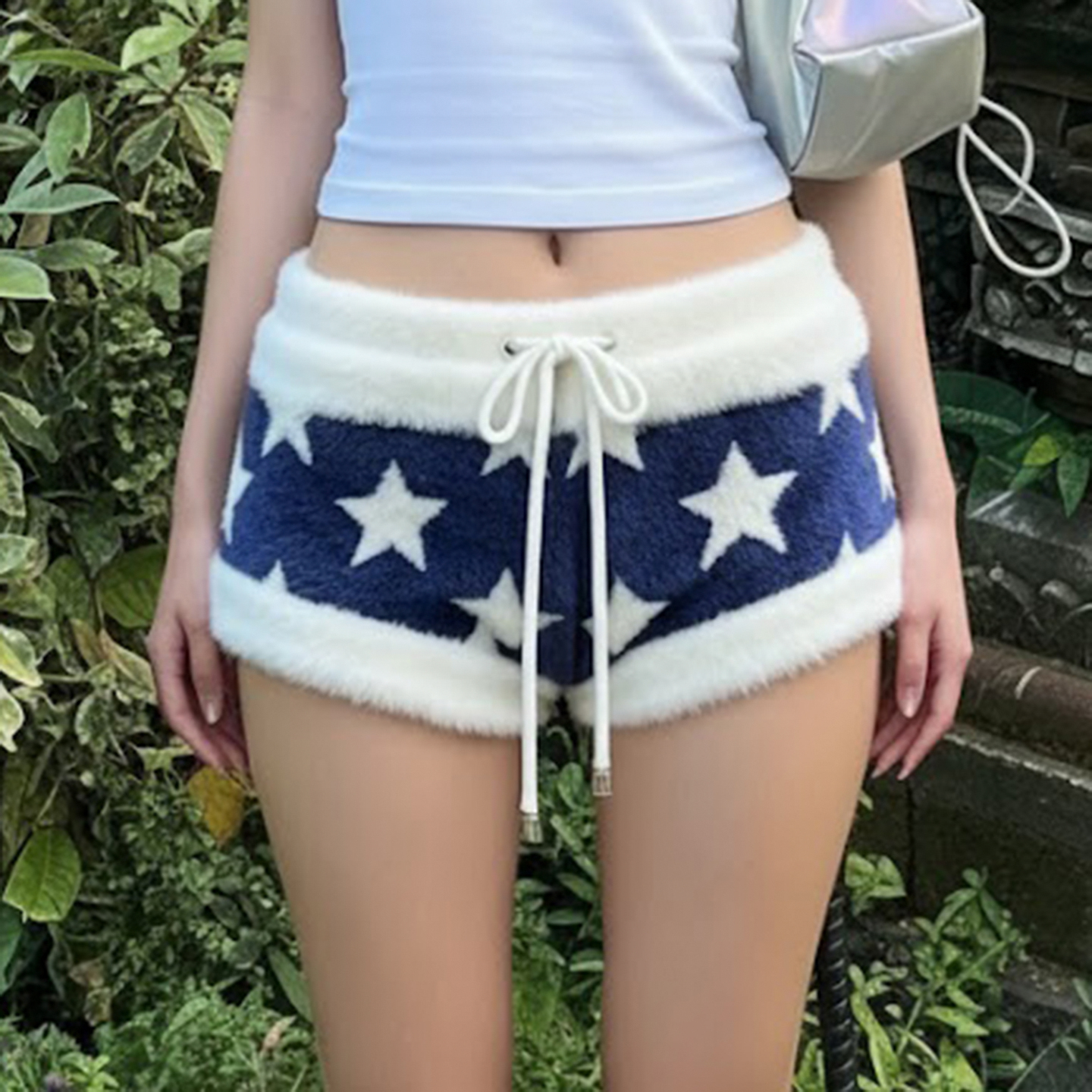 美式街头星星印花低腰毛织短裤女