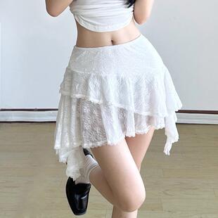 HEYOUNGIRL甜美系女孩肌理感蕾丝荷叶摆不规则半裙百搭白色短裙女