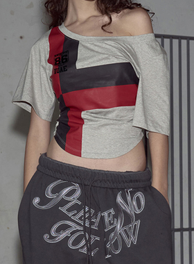 HEYOUNGIRL美式街头撞色十字架印花斜肩短袖T恤百搭宽松灰色上衣