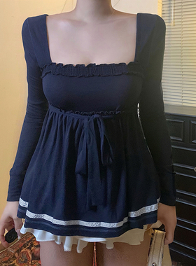 HEYOUNGIRL日系甜妹简约方领露背长袖T恤百搭束胸A摆系带蓝色上衣